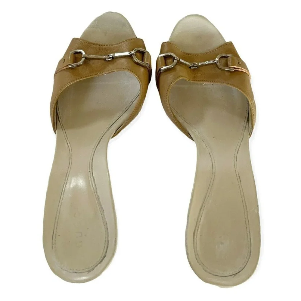 Gucci Women's Tan Leather Open Toe High Heel Slide Horsebit Sandals Sz 39 US 8.5 - Picture 3 of 11
